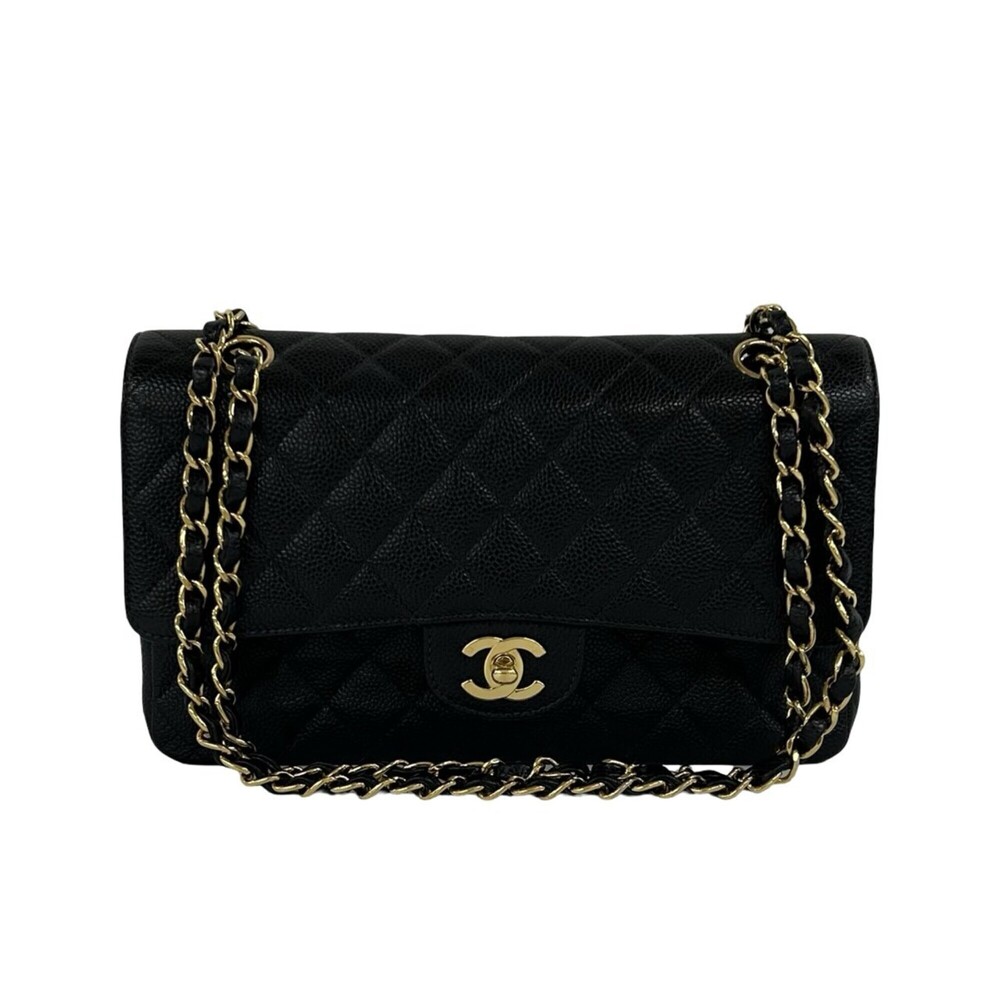 CHANEL Matelassé Coco Mark Double Flap Caviar Skin 2-Way Shoulder Bag Black 7...